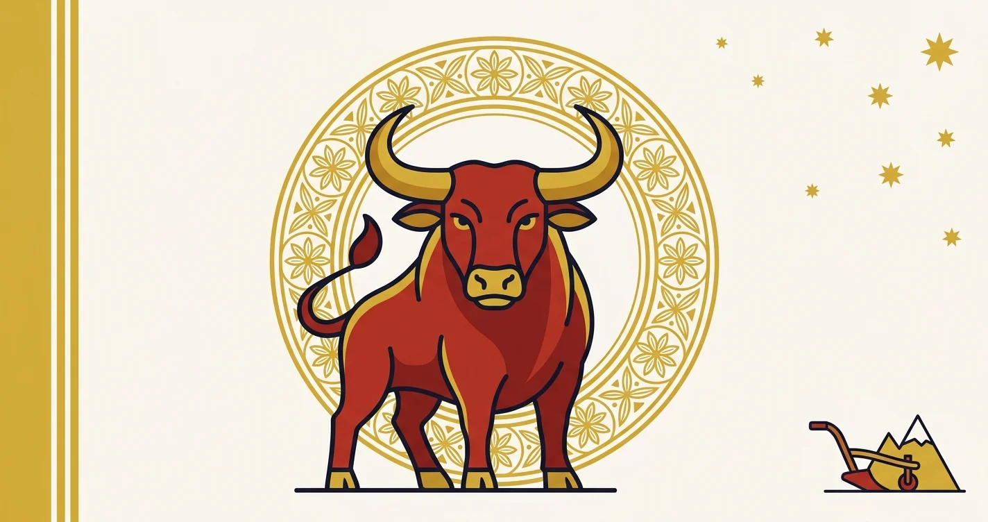 Illustration flat design du buffle, signe du zodiaque chinois, fond rouge et or