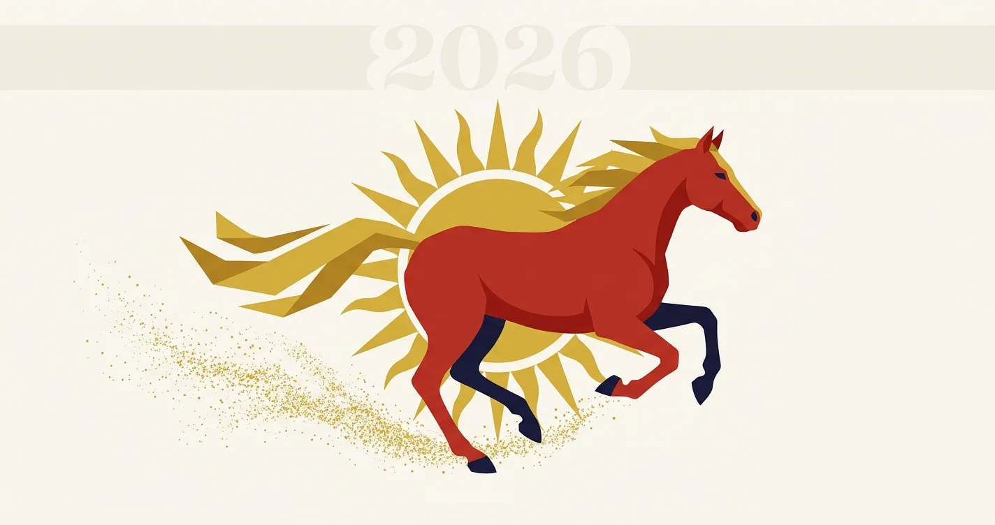 Illustration flat design du cheval, signe du zodiaque chinois, fond rouge et or
