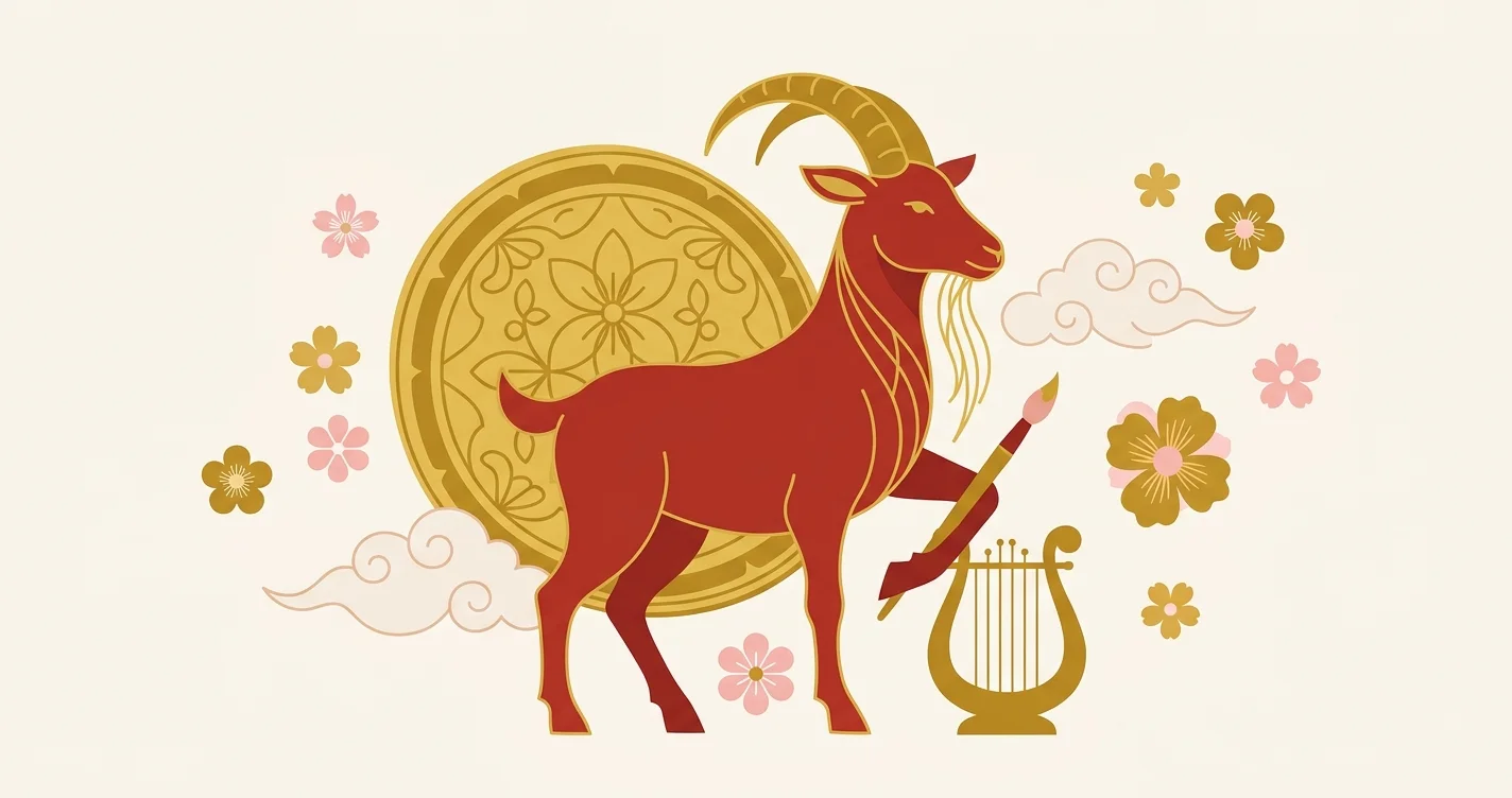 Illustration flat design de la chèvre, signe du zodiaque chinois, fond rouge et or