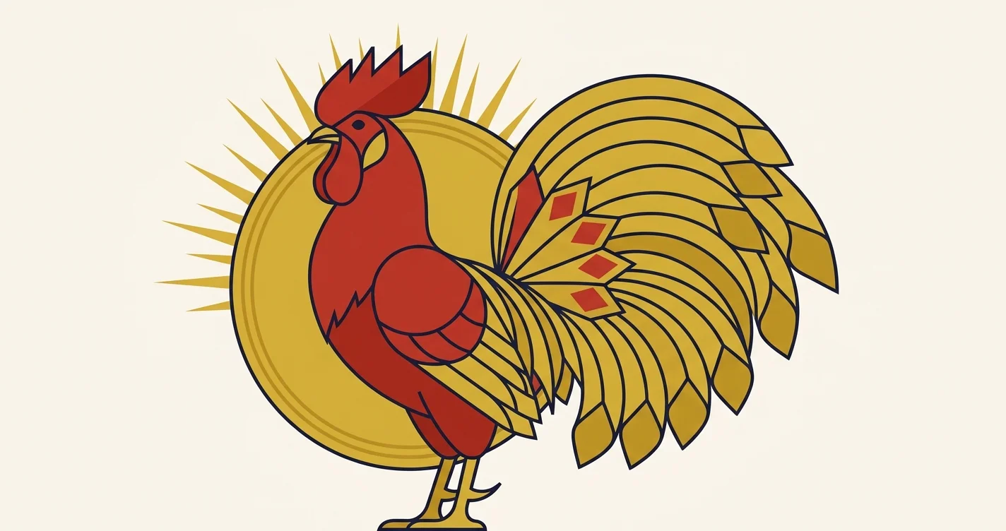 Illustration flat design du coq, signe du zodiaque chinois, fond rouge et or