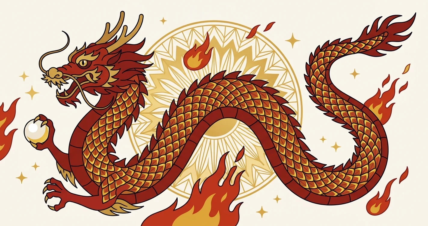 Illustration flat design du dragon, signe du zodiaque chinois, fond rouge et or