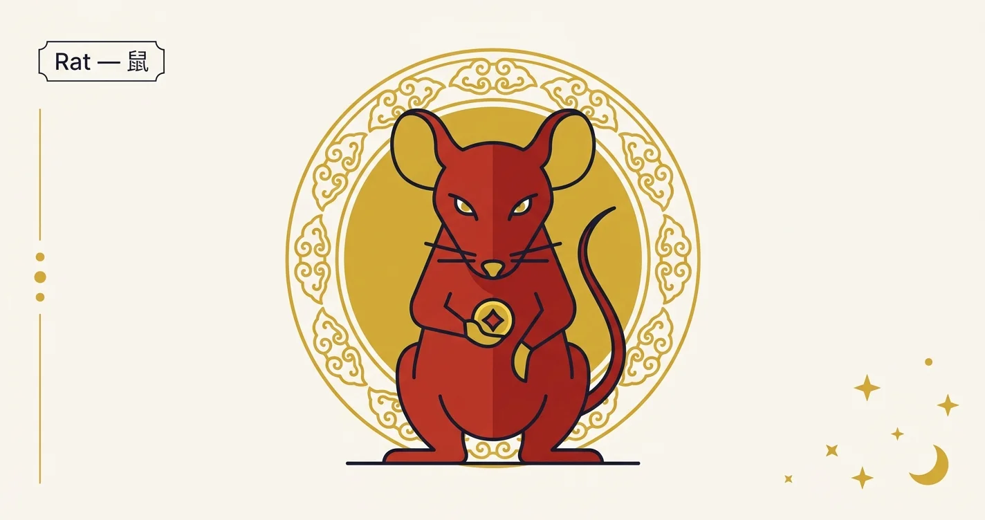 Illustration flat design du rat, signe du zodiaque chinois, fond rouge et or