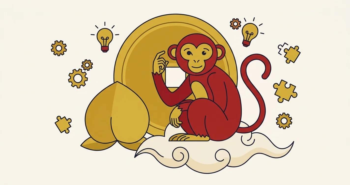 Illustration flat design du singe, signe du zodiaque chinois, fond rouge et or